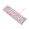 Queen Lipstick mechanical keyboard with silver base, pink key accents, and white backlighting on keys.