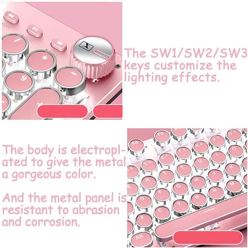 Queen Lipstick mechanical keyboard with silver base, pink key accents, and white backlighting on keys.