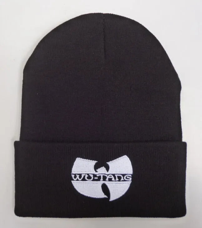 Knitted woolen street dance hat in white with text, dome top, brimless, adjustable fit