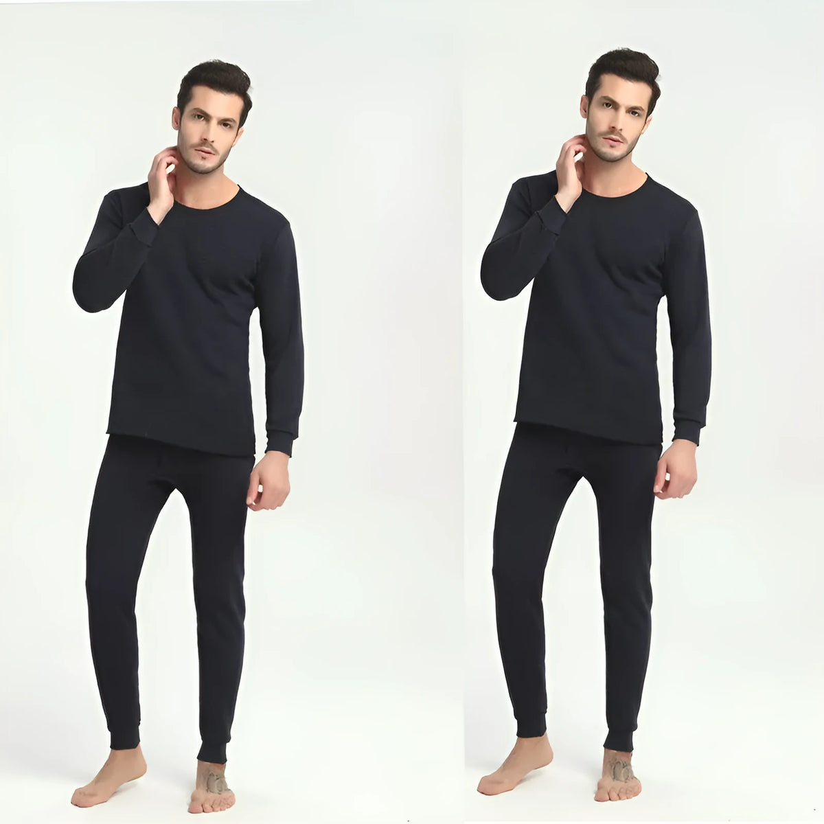 Men's thin thermal underwear set, round neck top and trousers, single-layer polyester, slim fit, black dark grey light grey