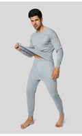 Men's thin thermal underwear set, round neck top and trousers, single-layer polyester, slim fit, black dark grey light grey