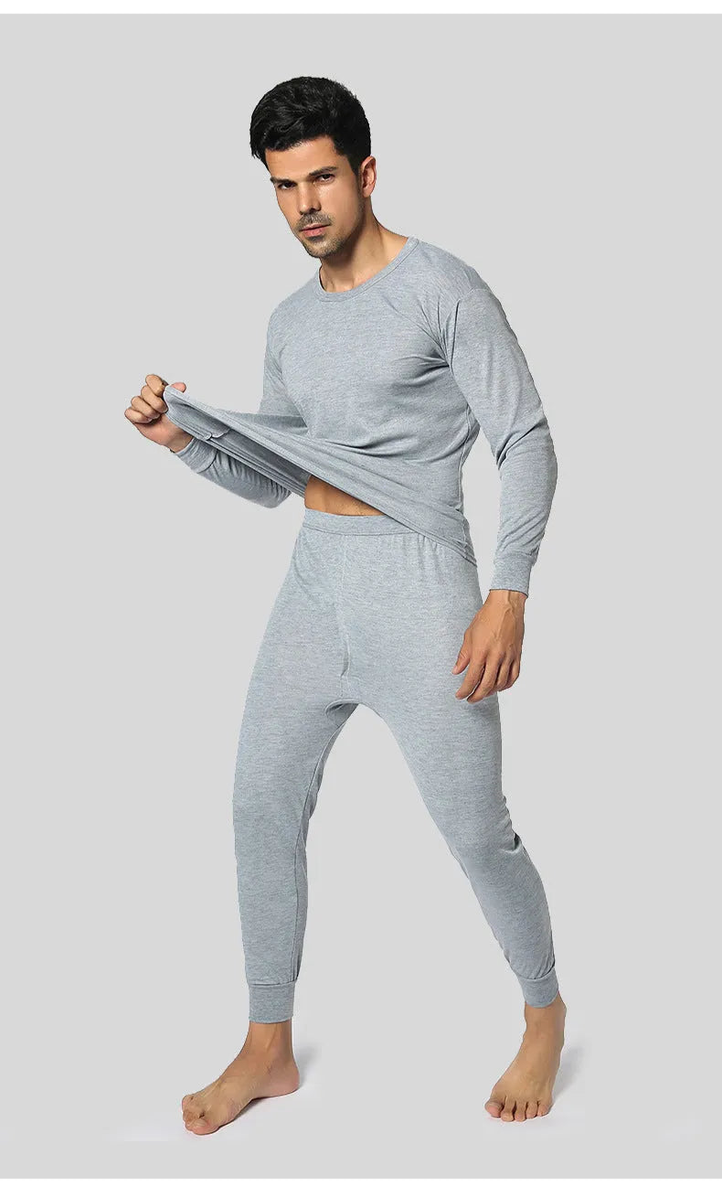Men's thin thermal underwear set, round neck top and trousers, single-layer polyester, slim fit, black dark grey light grey
