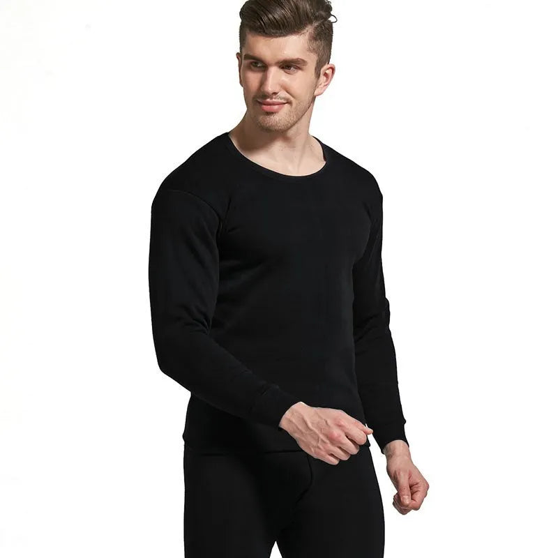 Men's thin thermal underwear set, round neck top and trousers, single-layer polyester, slim fit, black dark grey light grey