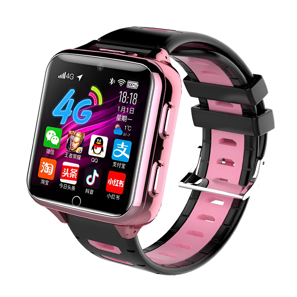 A children's smartwatch with a colourful screen on a silicone sport strap, showing Bluetooth calling and sports learning icons.