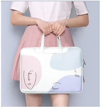 Blue PU leather waterproof laptop bag for a 15.6-inch notebook with a soft handle and zipper.