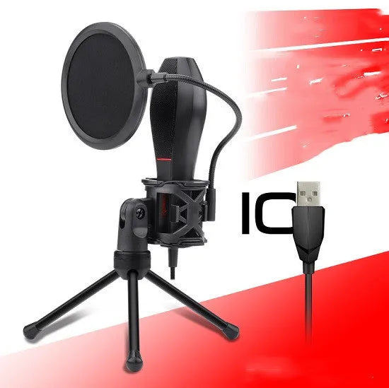 Black USB wired live broadcast microphone for gaming and singing with noise reduction