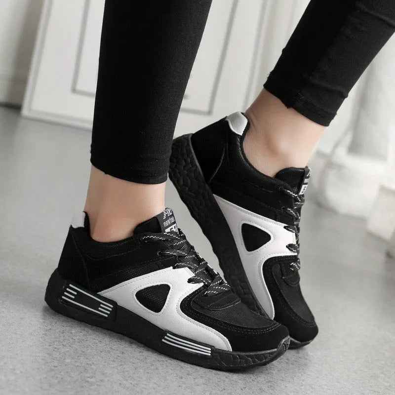 Women's breathable sneakers with low heel, cross straps, non-slip plastic sole, and colour matching pattern.