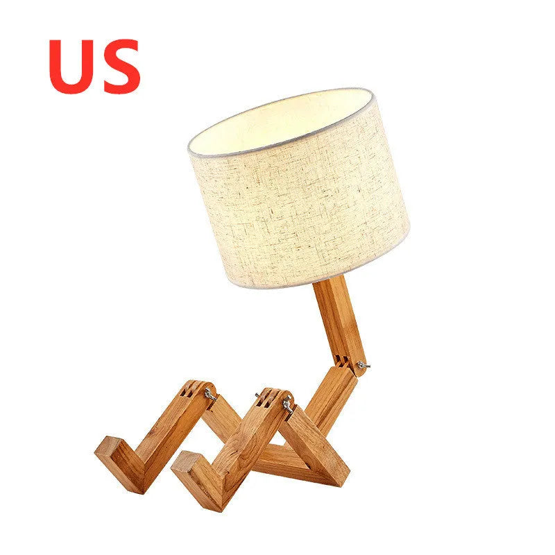 Creative humanoid wooden table lamp with white fabric shade measuring 22x44x16cm