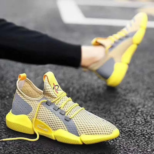 Breathable lace-up casual sports shoes low heel, plain Korean style, Black White Yellow