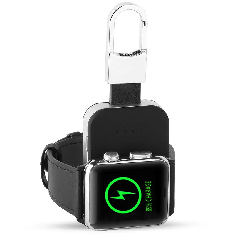 Black Apple Watch keychain power bank showing compact size and keychain loop.