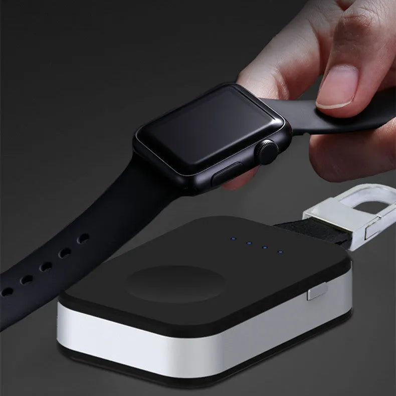 Black Apple Watch keychain power bank showing compact size and keychain loop.