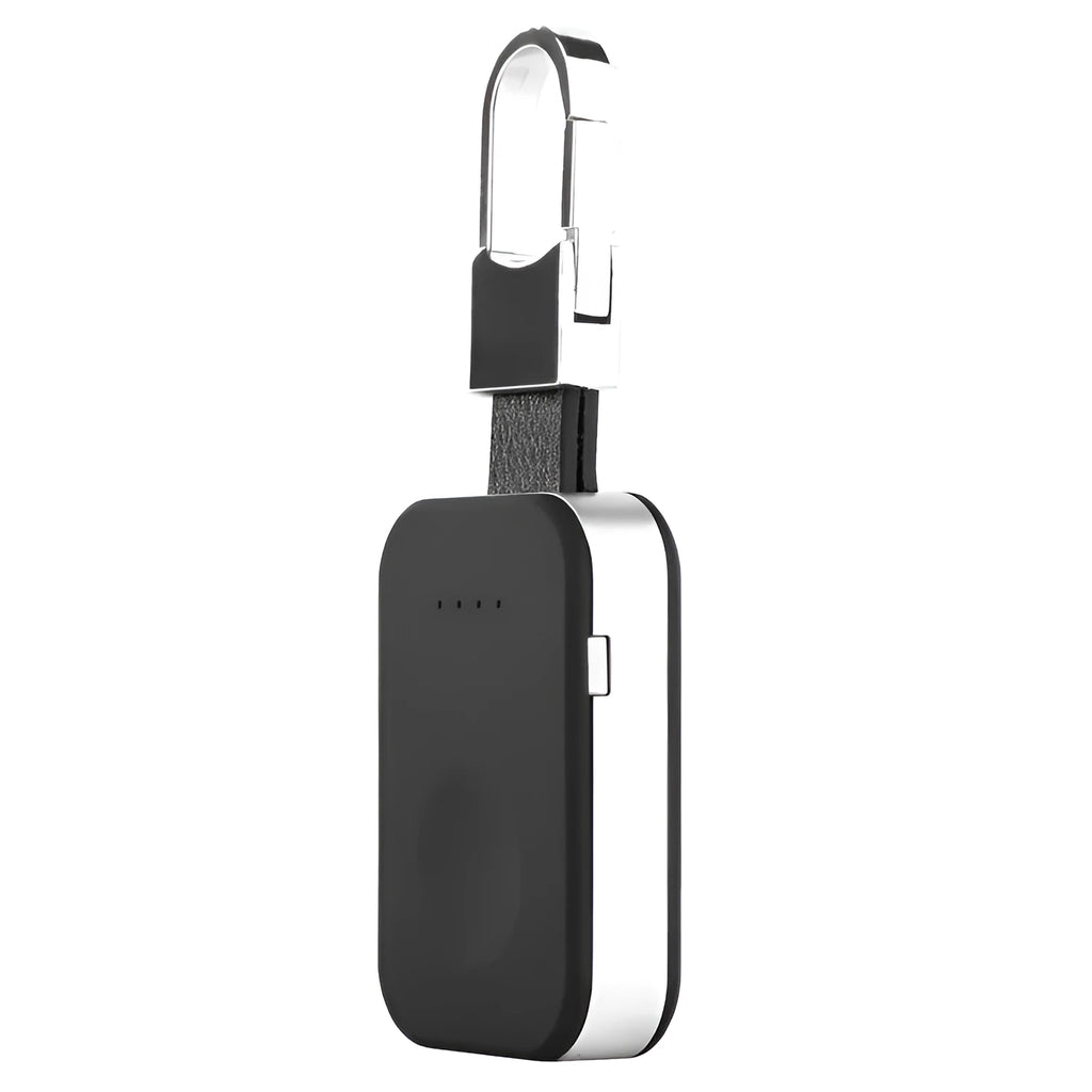 Black Apple Watch keychain power bank showing compact size and keychain loop.