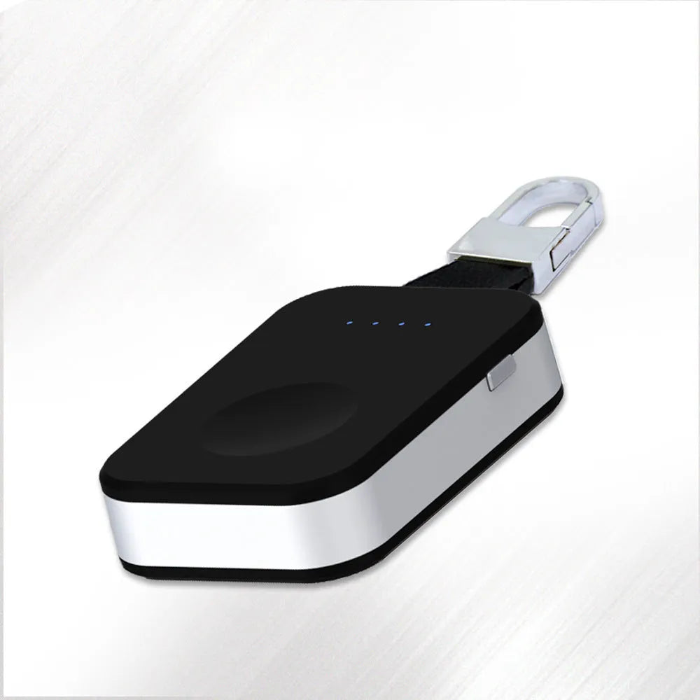 Black Apple Watch keychain power bank showing compact size and keychain loop.