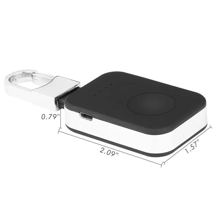 Black Apple Watch keychain power bank showing compact size and keychain loop.