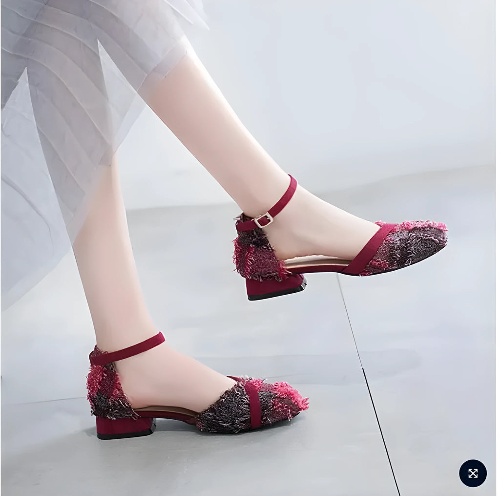 Women's apricot suede flats with an ankle strap and a 3cm low rubber sole.
