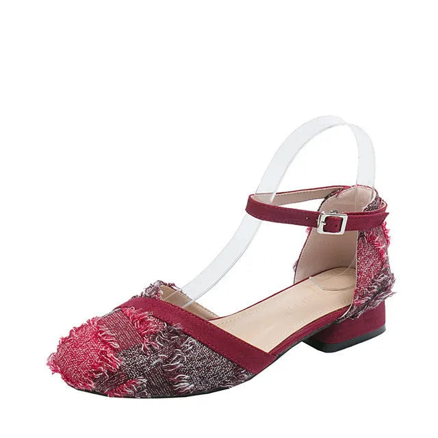 Women's apricot suede flats with an ankle strap and a 3cm low rubber sole.