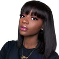 Black human hair wig with 10-inch medium length, shown on a mannequin head.