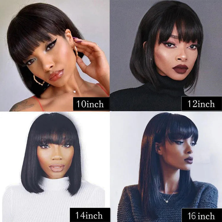 Black human hair wig with 10-inch medium length, shown on a mannequin head.