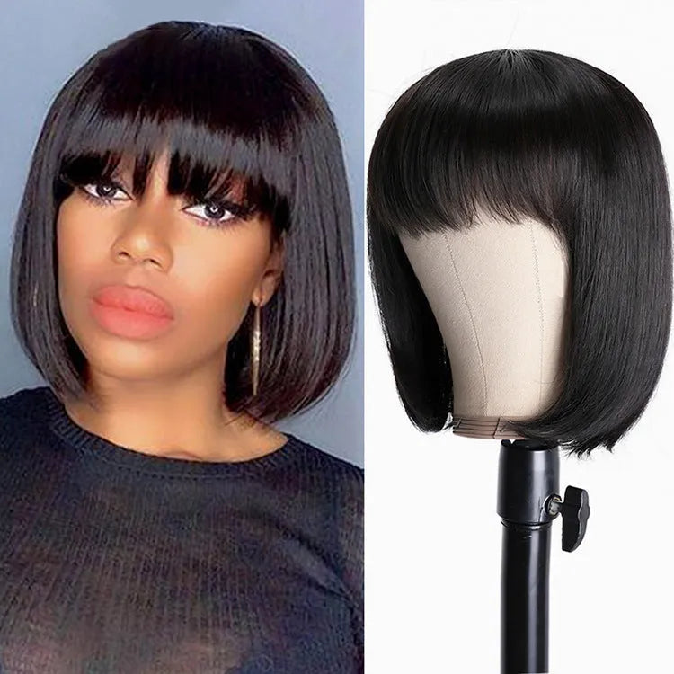 Black human hair wig with 10-inch medium length, shown on a mannequin head.