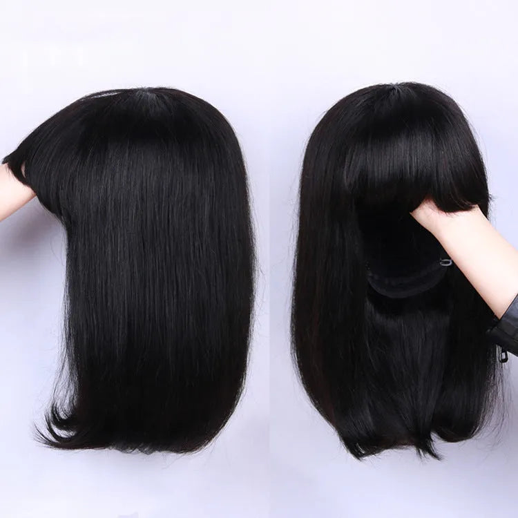 Black human hair wig with 10-inch medium length, shown on a mannequin head.