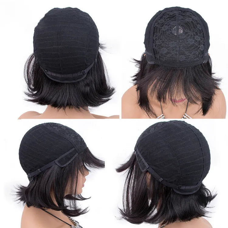 Black human hair wig with 10-inch medium length, shown on a mannequin head.