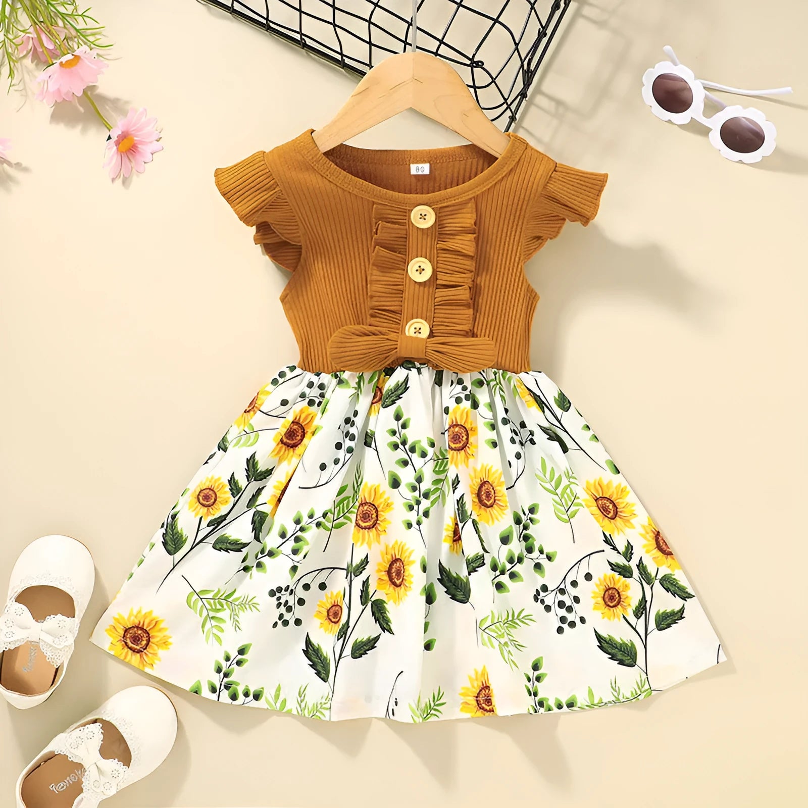 Toddler girl in sleeveless summer dress showing colour options and Asian sizing from 80cm to 120cm