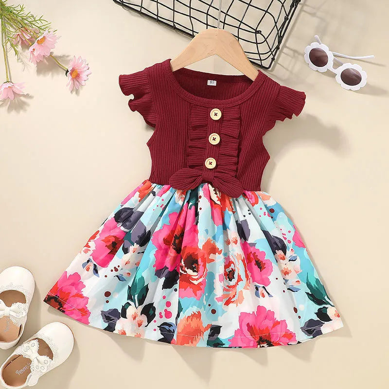 Toddler girl in sleeveless summer dress showing colour options and Asian sizing from 80cm to 120cm
