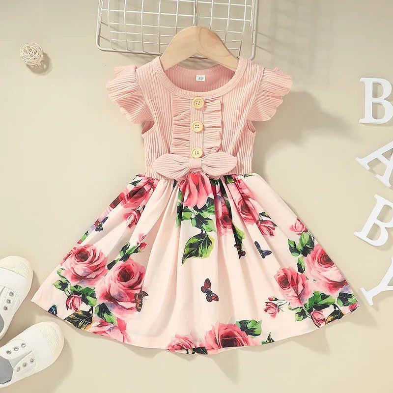 Toddler girl in sleeveless summer dress showing colour options and Asian sizing from 80cm to 120cm