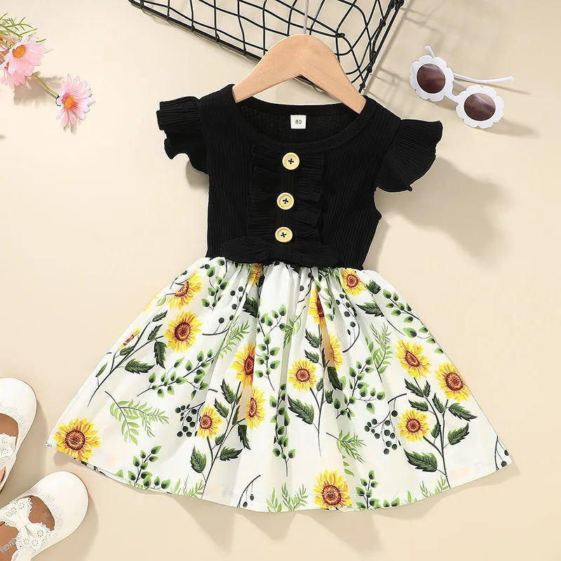 Toddler girl in sleeveless summer dress showing colour options and Asian sizing from 80cm to 120cm