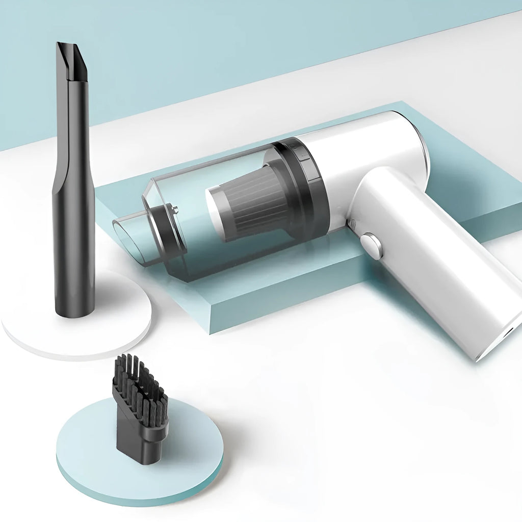 Handheld wireless car vacuum cleaner in black or white on a car seat.