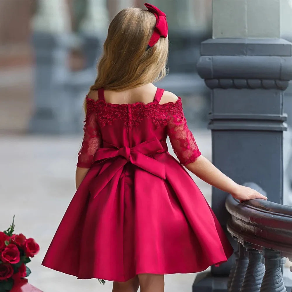Girls lace dress in polyester fibre fabric available in multiple colours including dark red and pink