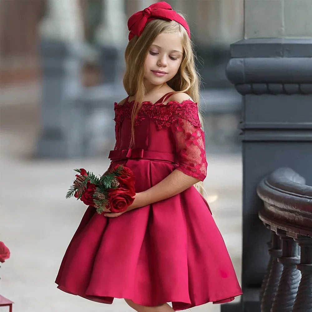 Girls lace dress in polyester fibre fabric available in multiple colours including dark red and pink