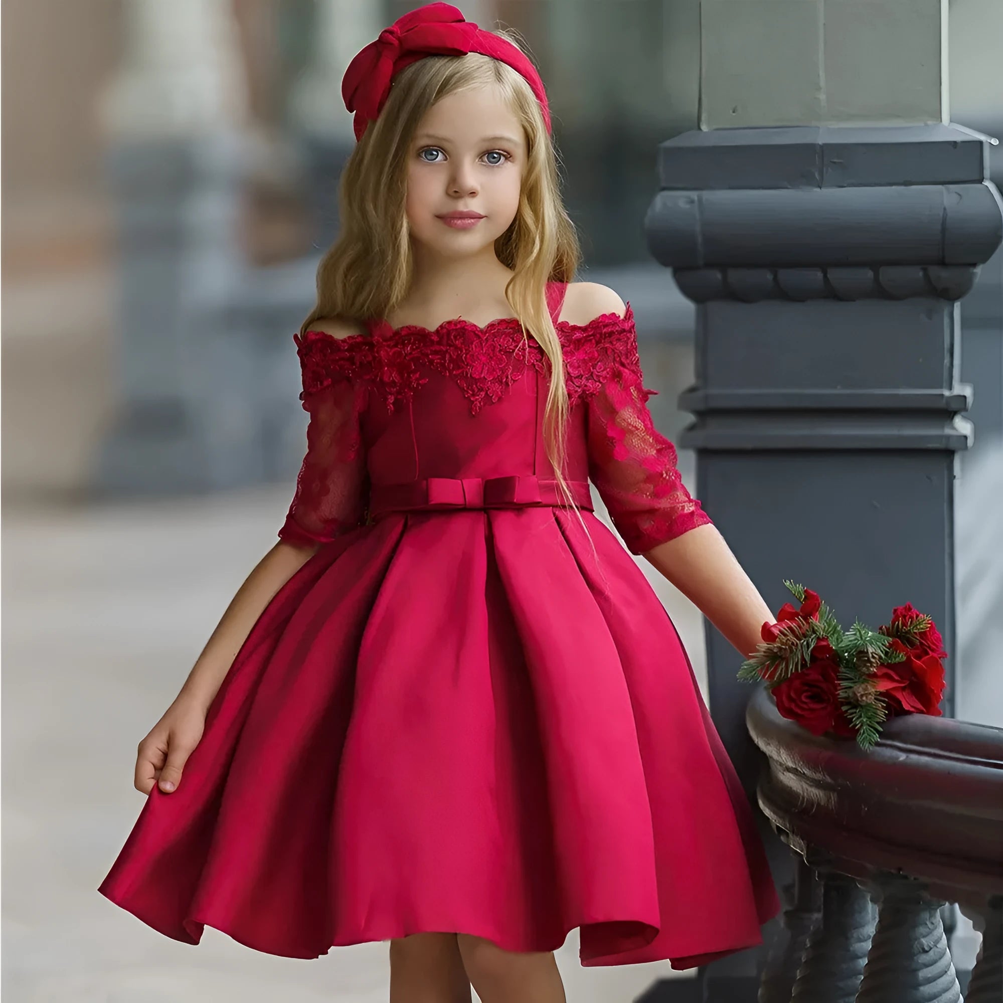 Girls lace dress in polyester fibre fabric available in multiple colours including dark red and pink