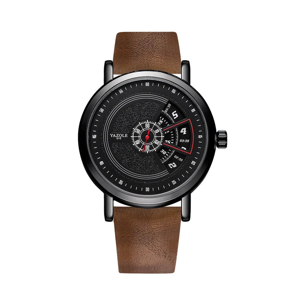 Men's turntable design quartz watch with metal case and black strap showing time display.