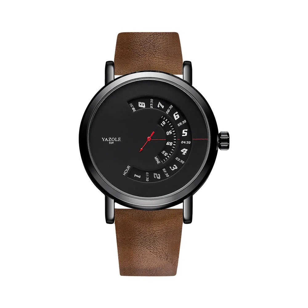Men's turntable design quartz watch with metal case and black strap showing time display.