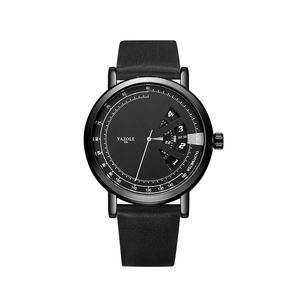 Men's turntable design quartz watch with metal case and black strap showing time display.