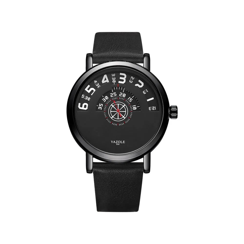 Men's turntable design quartz watch with metal case and black strap showing time display.