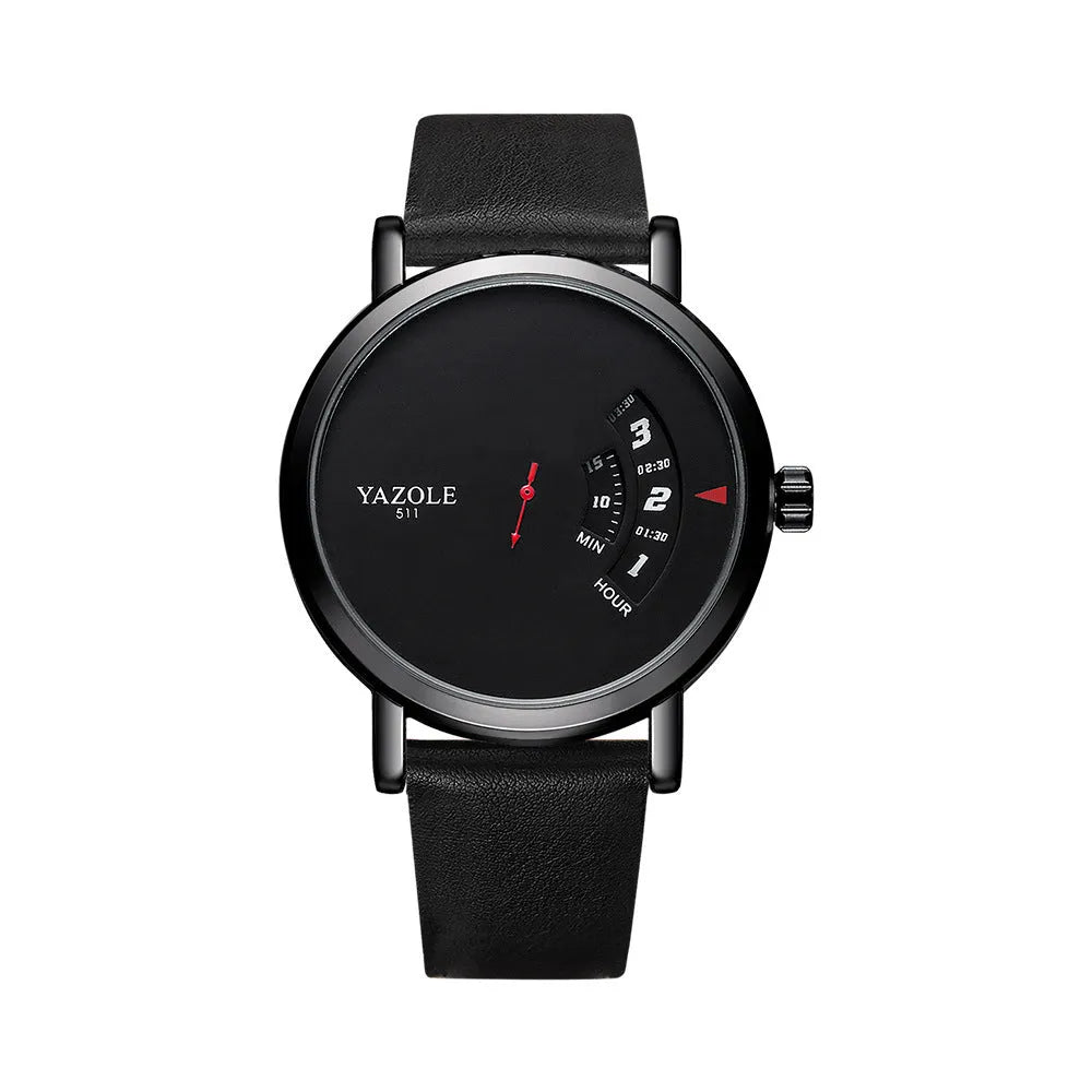 Men's turntable design quartz watch with metal case and black strap showing time display.