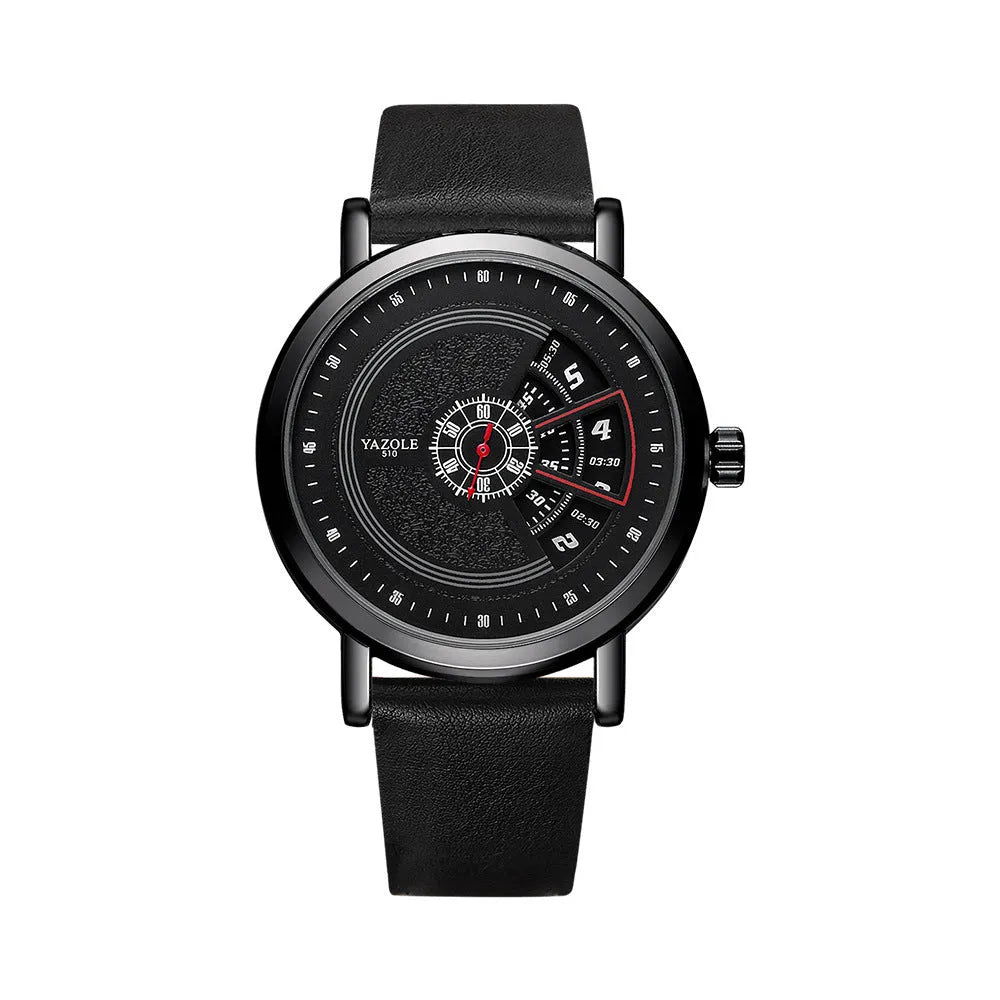 Men's turntable design quartz watch with metal case and black strap showing time display.