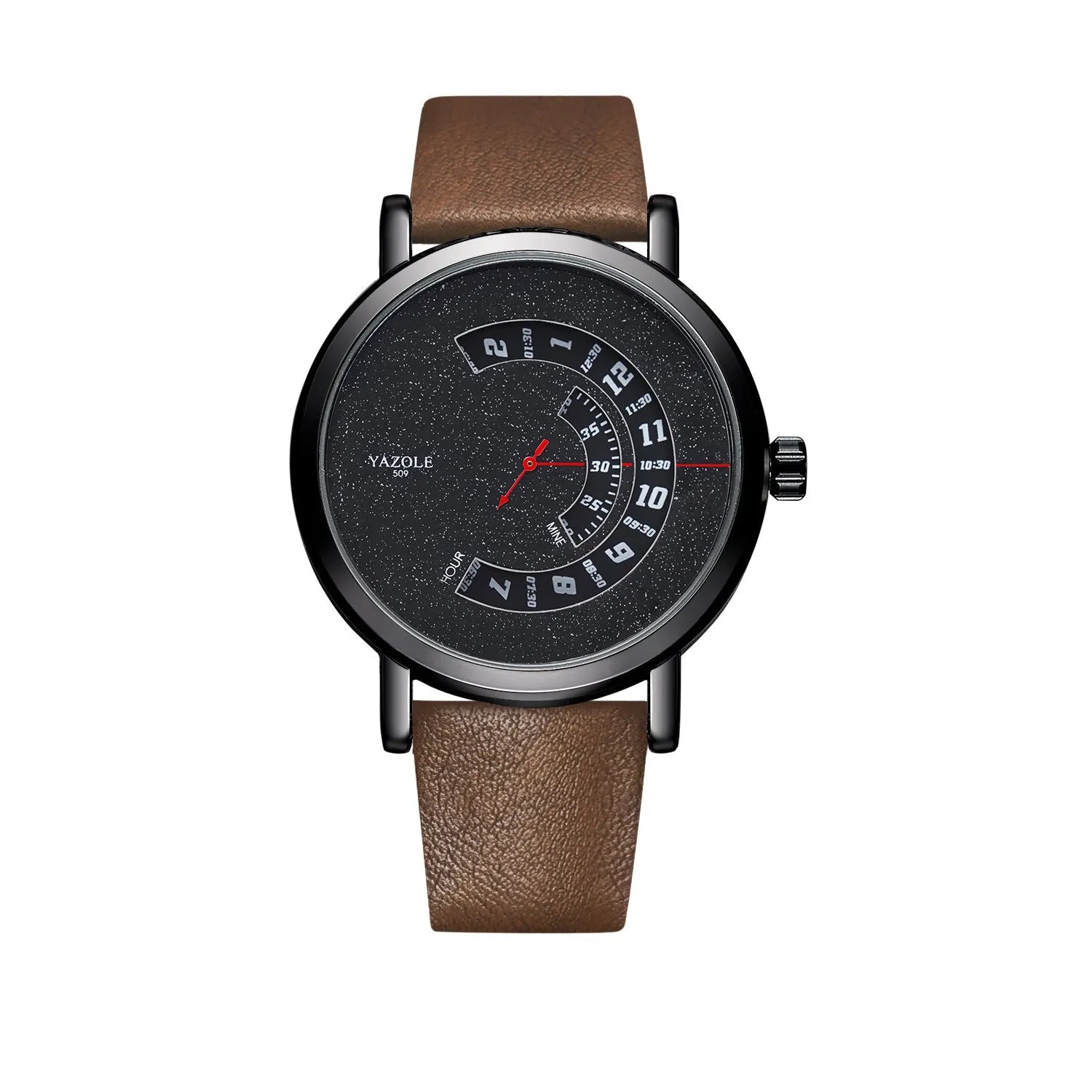 Men's turntable design quartz watch with metal case and black strap showing time display.