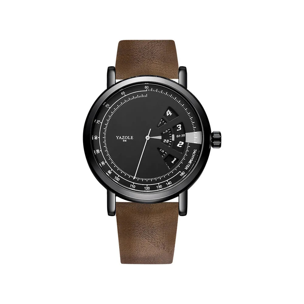 Men's turntable design quartz watch with metal case and black strap showing time display.
