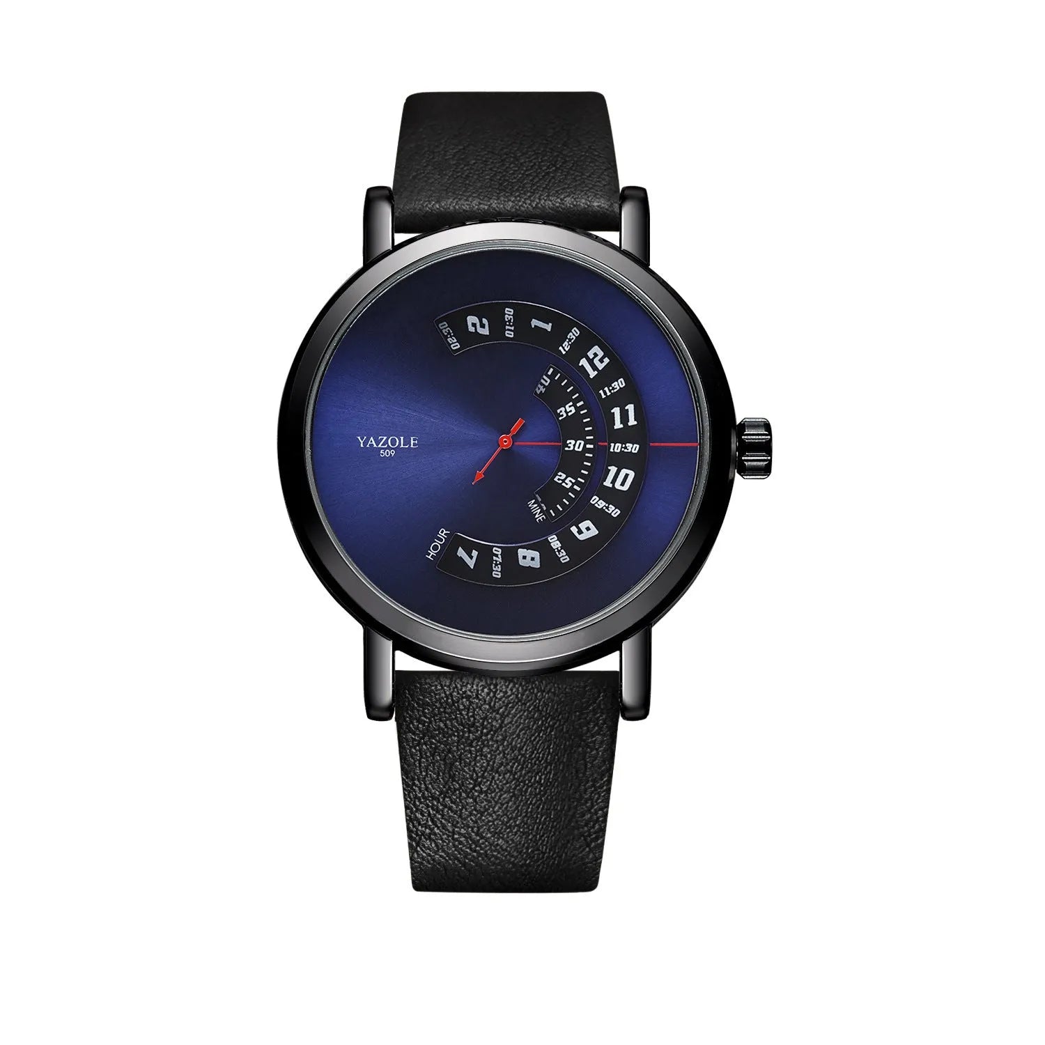 Men's turntable design quartz watch with metal case and black strap showing time display.