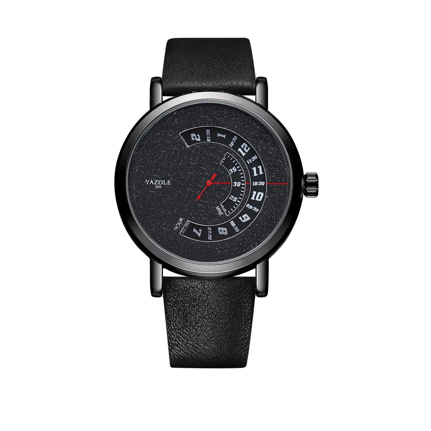 Men's turntable design quartz watch with metal case and black strap showing time display.
