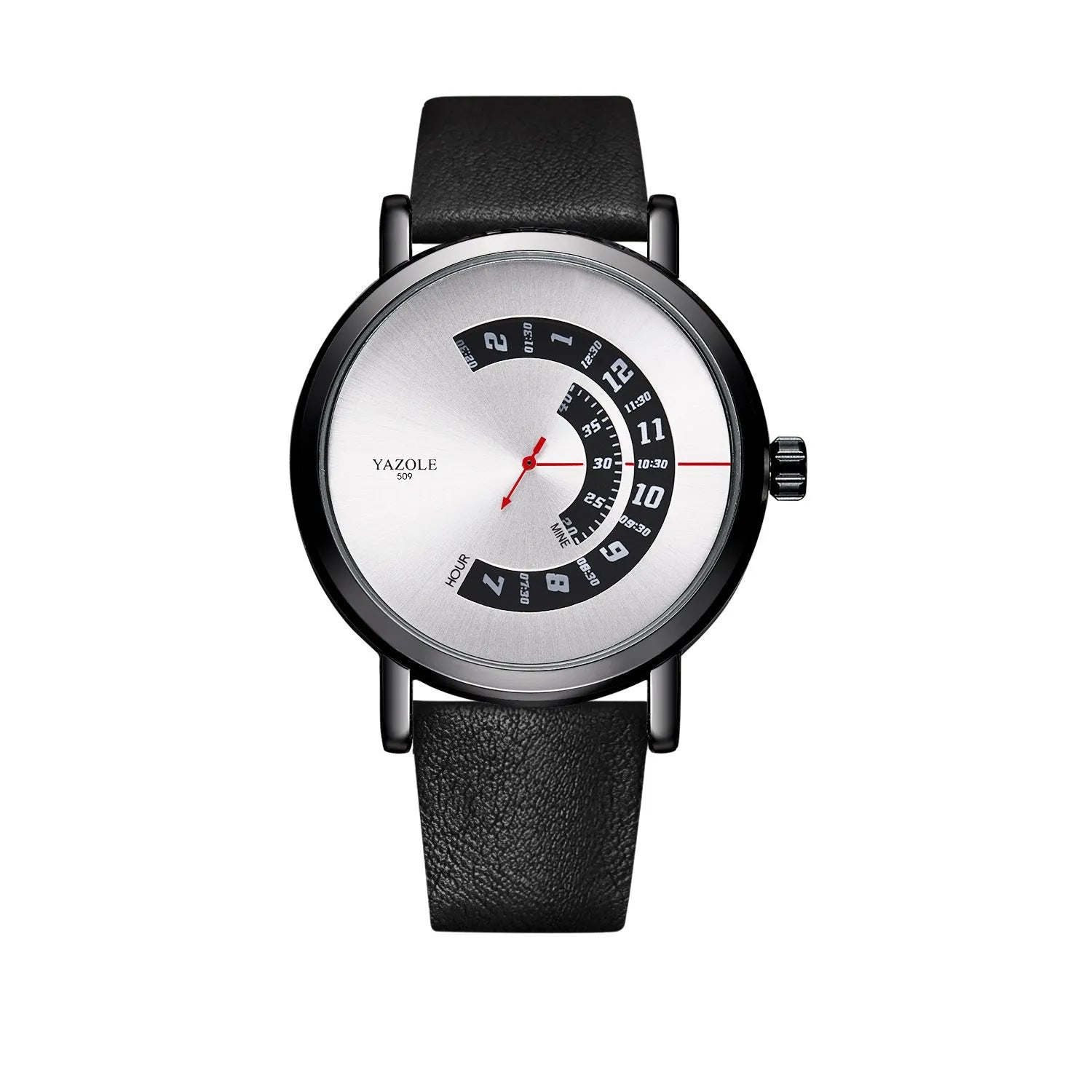 Men's turntable design quartz watch with metal case and black strap showing time display.