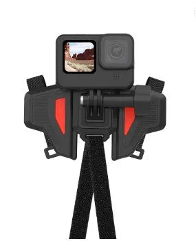 Black GoPro motorcycle helmet chin strap mount made of silicone and nylon with stainless steel hardware.