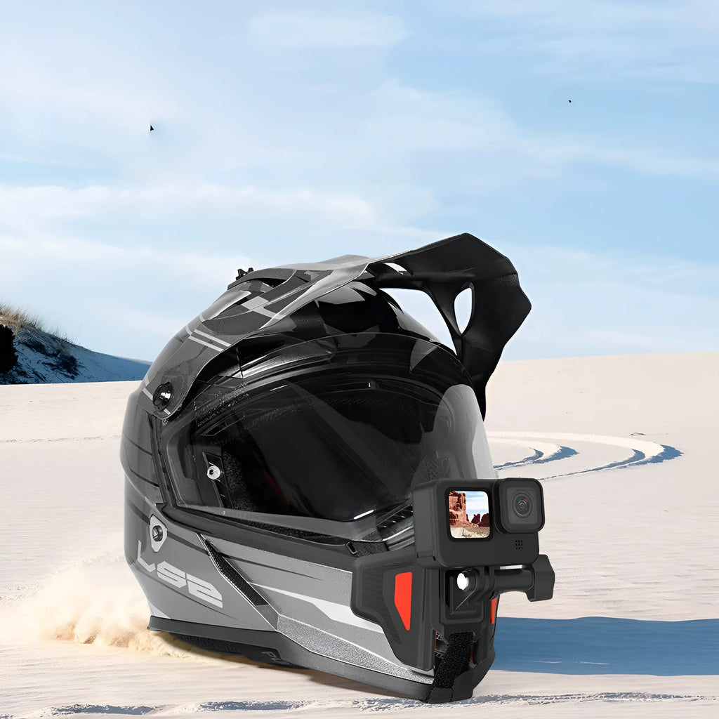 Black GoPro motorcycle helmet chin strap mount made of silicone and nylon with stainless steel hardware.