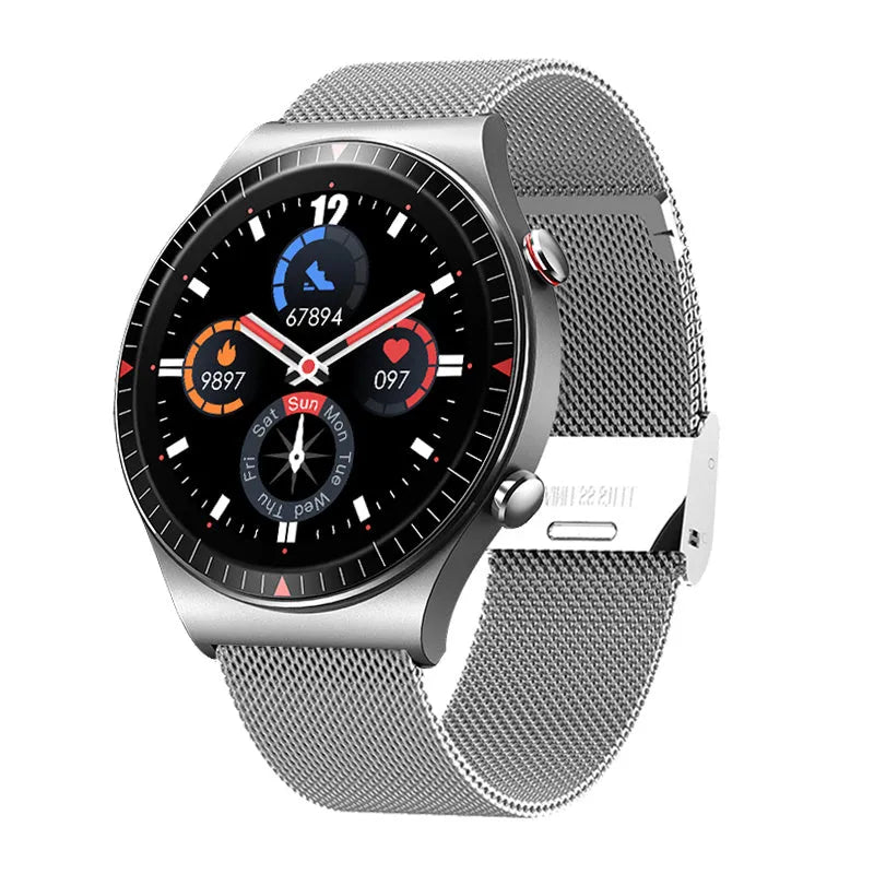 Black smart watch with circular touch screen on a silicone strap showing call and health tracking interface