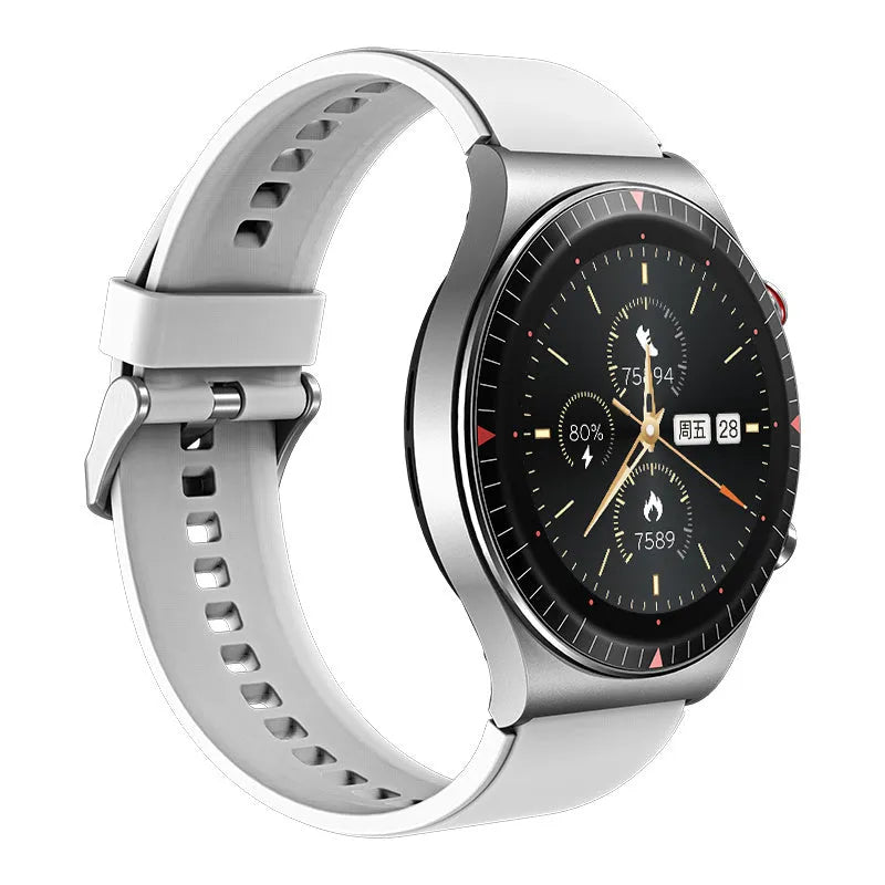 Black smart watch with circular touch screen on a silicone strap showing call and health tracking interface