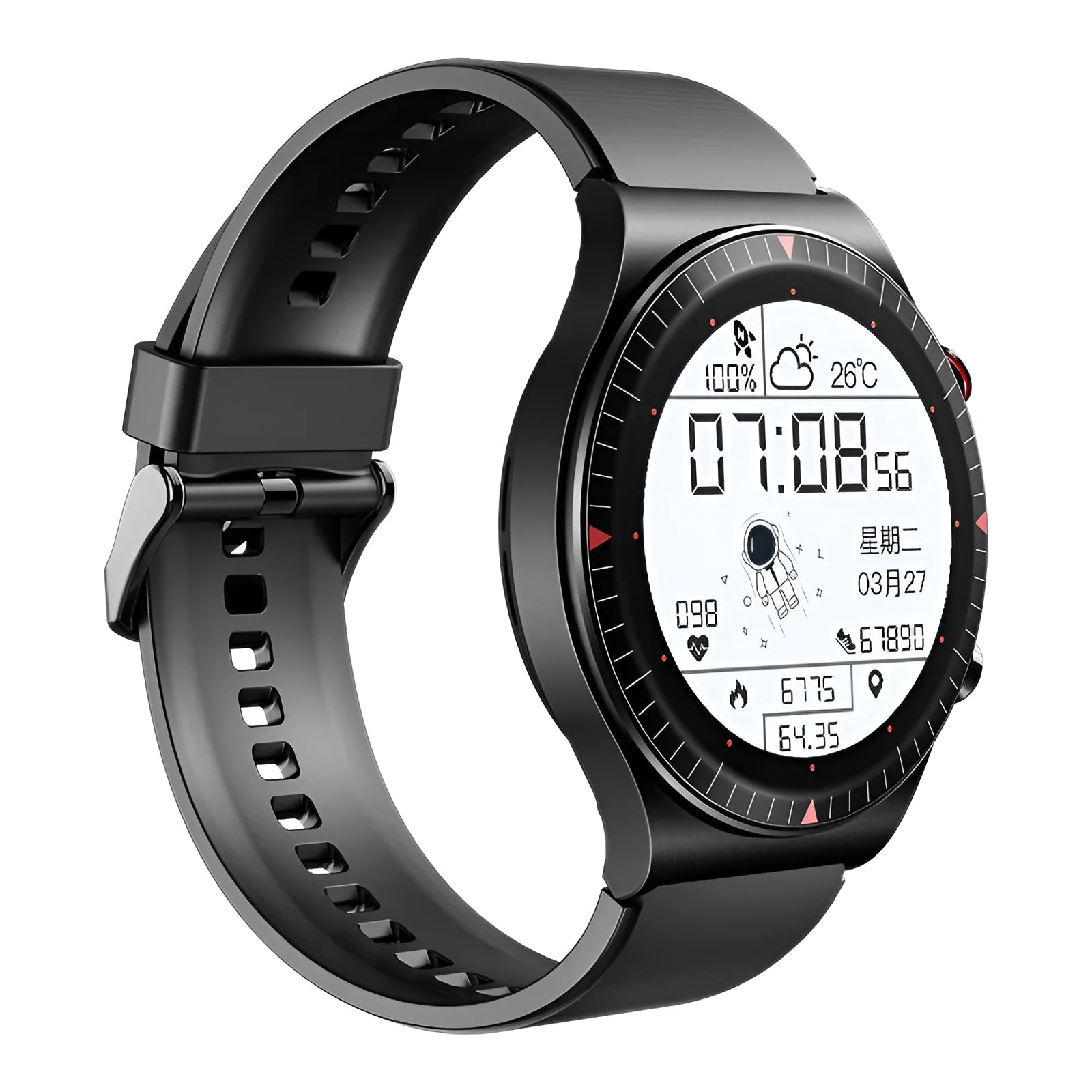 Black smart watch with circular touch screen on a silicone strap showing call and health tracking interface