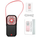 Hands-free neck fan with dual cooling fans worn around shoulders, showing USB charging port and adjustable speed controls